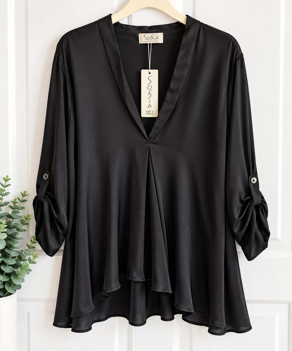 Sofia Black V-Neck Long Sleeve Tunic Top Made in Italy